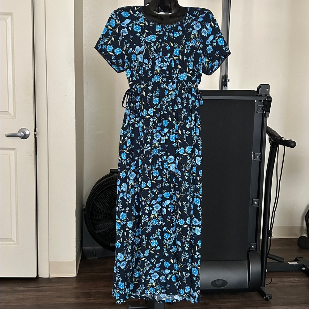 Vintage Liz Baker Navy Dress with Blue Floral Pattern